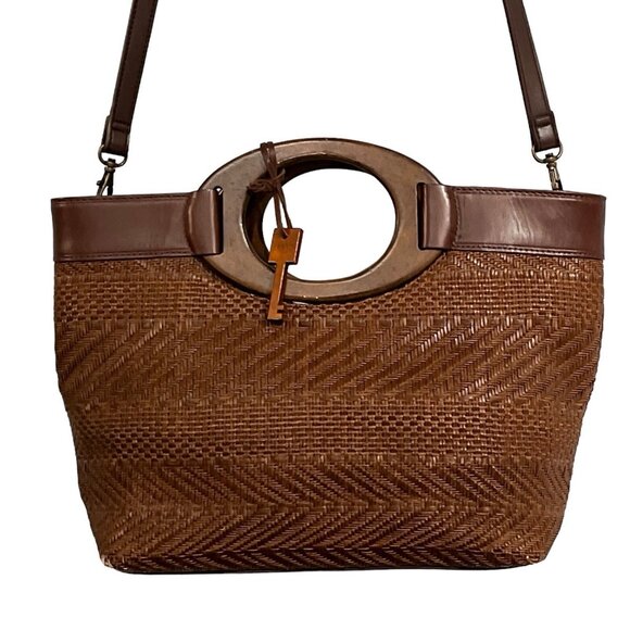 Vintage Fossil Shoulder Bag Wood Handle Rattan Brown Woven Wicker Dbl Handle - Picture 2 of 13